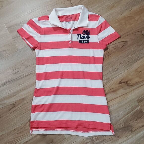 💜Old Navy Coral & Cream Striped Short Sleeve Top Medium - Picture 1 of 9